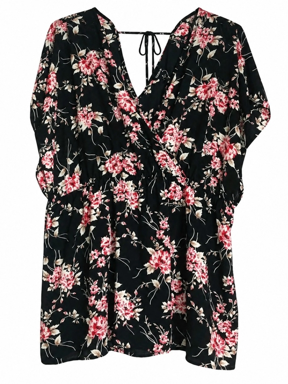Torrid Black Floral Wrap Blouse with Pink Blossoms With Back Tie